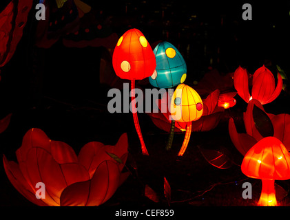 Lanterne di seta che illumina il cielo notturno di Singapore durante la metà autunno Lanterna o mooncake festival Foto Stock