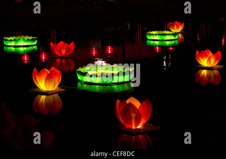 Lanterne di seta che illumina il cielo notturno di Singapore durante la metà autunno Lanterna o mooncake festival Foto Stock