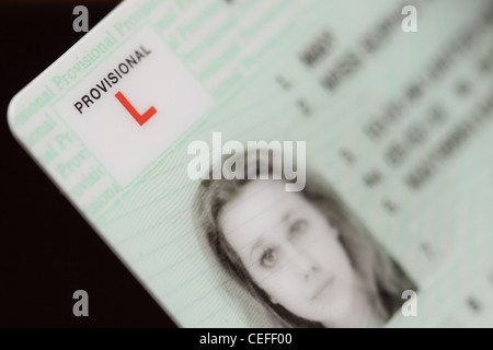 Patente di guida provvisoria femmina giovane allievo conducente su la patente di guida Foto Stock