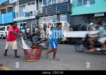 I pescatori di portare le loro catture al fishmarket, maschio, Oceano Indiano, Maldive Foto Stock