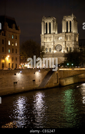 La cattedrale di Notre Dame de Paris su Île de la Cité, la culla di Parigi nella Senna, illuminata di notte Foto Stock