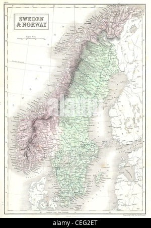 1851 NERO Mappa della Norvegia e della Svezia Foto Stock