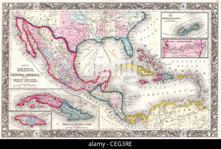 1860 Mitchell's mappa delle Indie Occidentali, Messico e America centrale Foto Stock