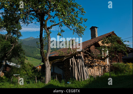 Chalet in legno case in Arêches village. Beaufortain valley. Rodano Alpi Francia Foto Stock