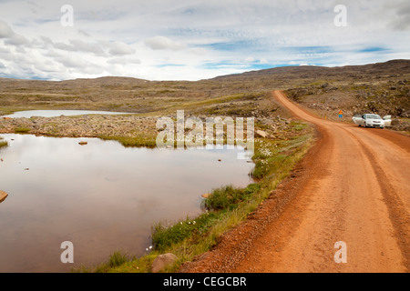 Piccolo percorso di ghiaia al fiordo dynjandisvogur in Islanda - westfjords. Foto Stock