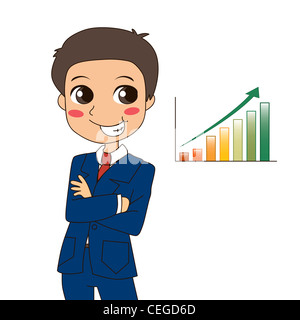 Giovane imprenditore in piedi con le braccia incrociate cercando un grafico che mostra la crescita e il successo aziendale Foto Stock