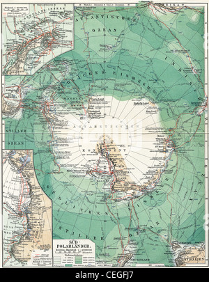 Il polo sud. Mappa del continente, gli oceani e i mari, le isole e le terre attorno a essa. Foto Stock