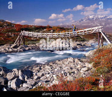 Il camminatore femmina attraversando una passerella su un fiume in Maradalen, Skjak, Oppland, Norvegia. Foto Stock