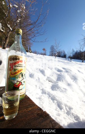 Acquavite di prugne in una vecchia bottiglia iugoslavo con un bicchiere di brandy, Mojkovac, Montenegro, Balcani Foto Stock