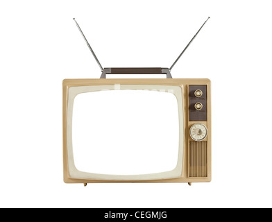 1960 schermo vuoto televisore portatile con le antenne verso l'alto. Isolato su bianco. Foto Stock