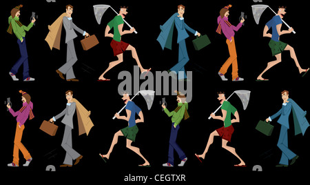 Tre uomini a piedi seamless pattern su sfondo nero Foto Stock