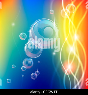 Un abstract di sfondo o illustrazione con bolle o palle di vetro e luci incandescenti o cavi a fibra ottica Foto Stock