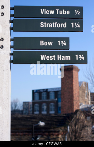 Segno sulla Green Way, Londra Visualizza il tubo Stratford Wast Ham posizione di prua Hackney Wick, East London REGNO UNITO il magazzino di fabbrica in background Foto Stock