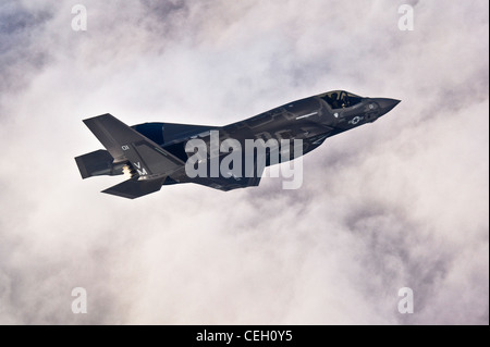 La prima produzione del DoD F-35B Lightning II Joint Strike Fighter vola verso la sua nuova casa alla base dell'aeronautica di Eglin, Fla., scortata dal corpo dei Marine F-18 Hornets. La variante Marina del JSF appartiene allo Squadrone 501 di attacco dei combattente marini. I Marines di VMFAT-501 hanno ricevuto due F-35 Bs dal gennaio 11. Foto Stock