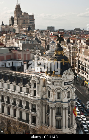 Lo skyline di Madrid dal tetto del Circulo de Bellas Artes. Dal bivio di Calle Alcala e la Gran Via. Madrid, Spagna. Foto Stock