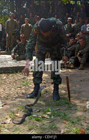 Pranom Yodug dimostra ai Marines degli Stati Uniti assegnati alla 31esima unità di spedizione marina (MEU) e ai Marines reali Thai come maneggiare correttamente una cobra durante una classe di addestramento di sopravvivenza della giungla al campo di Recon, Regno di Thailandia, 3 febbraio 2012. La classe faceva parte dell'esercizio di formazione multilaterale Cobra Gold 2012. Cobra Gold 2012 dimostra la volontà degli Stati Uniti e delle nazioni partecipanti di aumentare l'interoperabilità e promuovere la sicurezza e la pace in tutta la regione Asia-Pacifico. Il 31° MEU è la forza di spedizione degli Stati Uniti in preparazione nella regione. Foto Stock