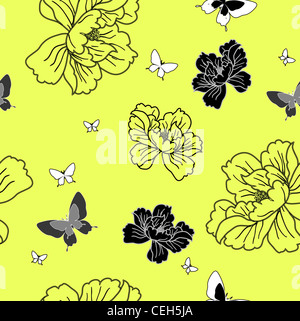 Carta da parati senza giunture fiori e farfalle Foto Stock