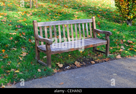 Londra: iscrizioni scolpite sulle panchine in London park - Kensington Gardens Foto Stock