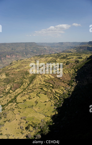 Affacciato sulla Rift Valley africana e delle aziende agricole nei pressi di Debre Libanos in Etiopia Foto Stock