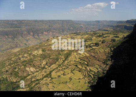 Affacciato sulla Rift Valley africana e delle aziende agricole nei pressi di Debre Libanos in Etiopia Foto Stock