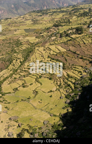 Affacciato sulla Rift Valley africana e delle aziende agricole nei pressi di Debre Libanos in Etiopia Foto Stock