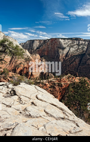 Nuvole sopra di flottazione Scout di atterraggio e il West Rim Trail con il grande trono bianco monolito in Utah's Zion National Park. Foto Stock