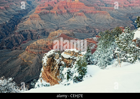 Crepuscolo civile migliora i colori dell'Arizona Parco Nazionale del Grand Canyon con nevicata lungo il bordo sud a Mather Point. Foto Stock