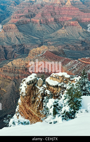 Crepuscolo civile migliora i colori dell'Arizona Parco Nazionale del Grand Canyon con nevicata lungo il bordo sud a Mather Point. Foto Stock