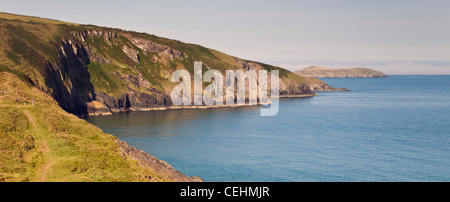 Vista da ovest a Cardigan isola da vicino spiaggia Mwnt (National Trust) in estate dal nuovo Ceridigion sentiero costiero Wales UK Foto Stock