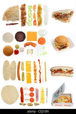 Nutrizione. La compilazione, la composizione di ingredienti diversi fast food piatti. Hot Dog, Cheeseburger, turco kebab, pizza. Foto Stock