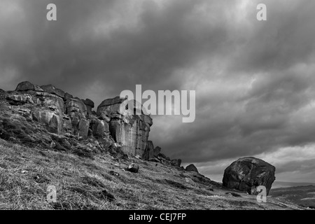 La vacca e vitello rocks, un famoso punto di riferimento dello Yorkshire su Ilkey Moor, sopra Ilkey nel West Yorkshire Foto Stock