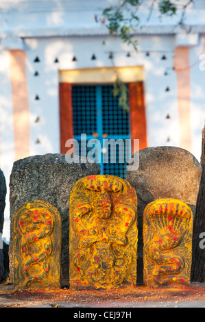 Altare indù pietre a un tempio raffigurante Indian vishnu divinità in sud campagna indiana. Andhra Pradesh, India Foto Stock