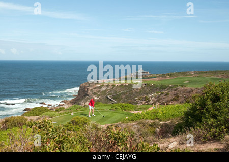 Donna golfista giocando a golf,Pinnacle Point Beach e Resort d'Oro,Garden Route,Provincia del Capo occidentale Foto Stock