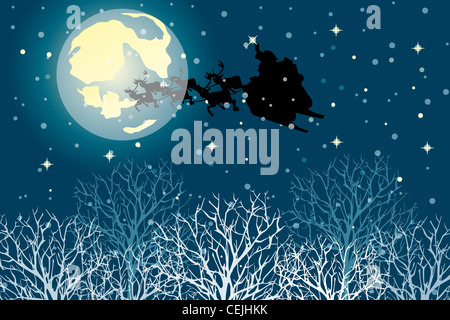 Babbo Natale nella sua slitta sotto la luna il cielo notturno con i fiocchi di neve di stelle Foto Stock