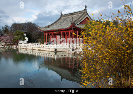 Il Padiglione Cinese in primavera la sera lite, nuvole del cielo e cespugli di fiori. Il lago funziona come uno specchio Foto Stock