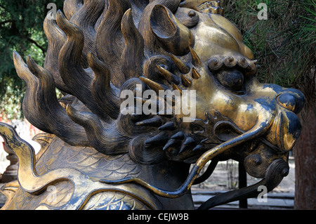 Il bronzo ottone dorato unicorn gilted dettaglio illustrando al di fuori di ingresso al Giardino Imperiale yuhuayuan Città Proibita di Pechino CINA Foto Stock