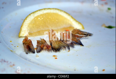 Terminato il pranzo solo con limone e code di pesce rimanente Foto Stock