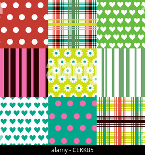 Set di pattern colorati progetta, punti, cuori, fiori e strisce Foto Stock