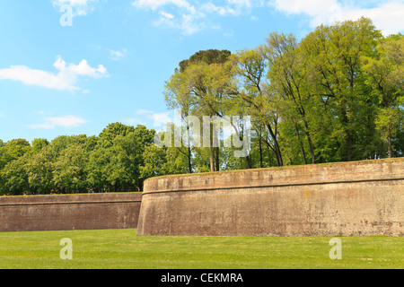 La città di Lucca mura fortificate in primavera, Toscana, Italia Foto Stock