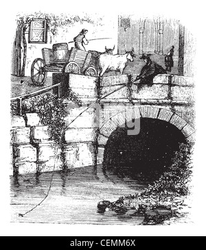 Fig. 76. La pesca a mosca da un ponte, vintage illustrazioni incise. Magasin pittoresco 1875. Foto Stock