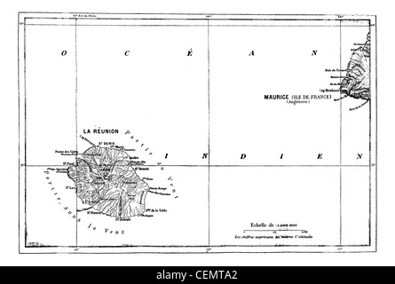 Reunion e Mauritius Mappa, vintage illustrazioni incise. Dizionario di parole e le cose - Larive e Fleury - 1895. Foto Stock