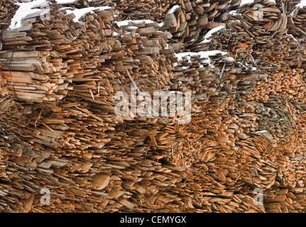 Legno impilate in su la costruzione di strutture interessanti, in parte coperta di neve. Girato con dorso digitale ad altissima risoluzione. Foto Stock