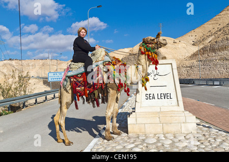 Gite turistiche un cammello al 'Sea livello' marcatore sulla autostrada 1, la strada che da Gerusalemme verso il deserto in Israele. Foto Stock