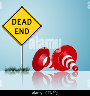 Dead End firmare con i coni ed erba riflessa, astratto arte vettoriale illustrazione; immagine contiene una maschera di opacità Foto Stock