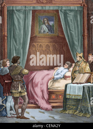 Ferdinando il Cattolico (1452-1516). Alla morte di Ferdinando il Cattolico. Incisione colorata. Foto Stock