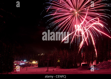Fuochi d'artificio durante la vigilia di Capodanno celebrazioni a Sun picchi, Kamloops, BC, Canada, 31 dic 2008. Foto Stock