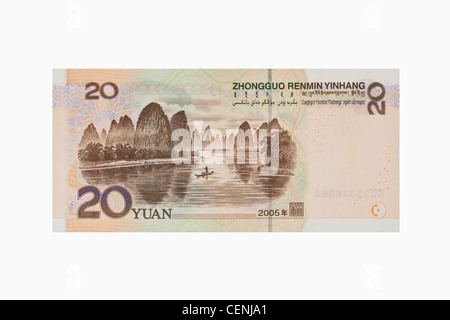 Lato posteriore del 20 yuan bill. Il renminbi, la valuta cinese, è stato introdotto nel 1949 dopo la fondazione della Repubblica popolare cinese. Foto Stock