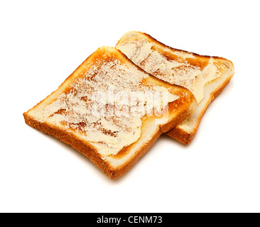 Toast e burro su sfondo bianco Foto Stock