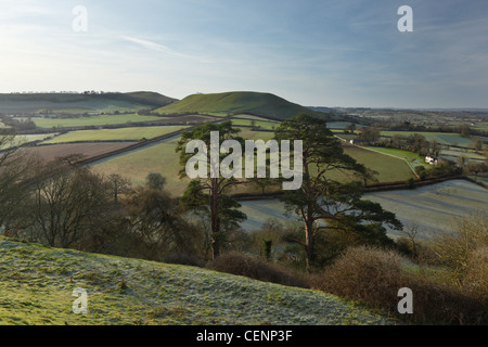 Vista dal Castello di Cadbury verso Parrock Hill. Somerset. In Inghilterra. Regno Unito. Foto Stock