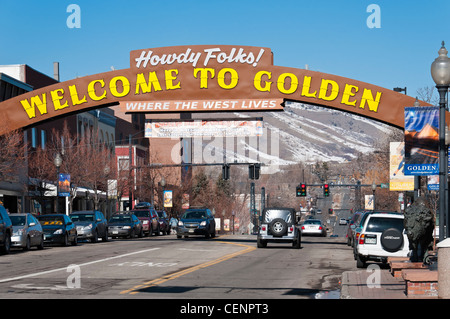 Benvenuti al Golden arch, Washington Street, Golden, Colorado. Foto Stock